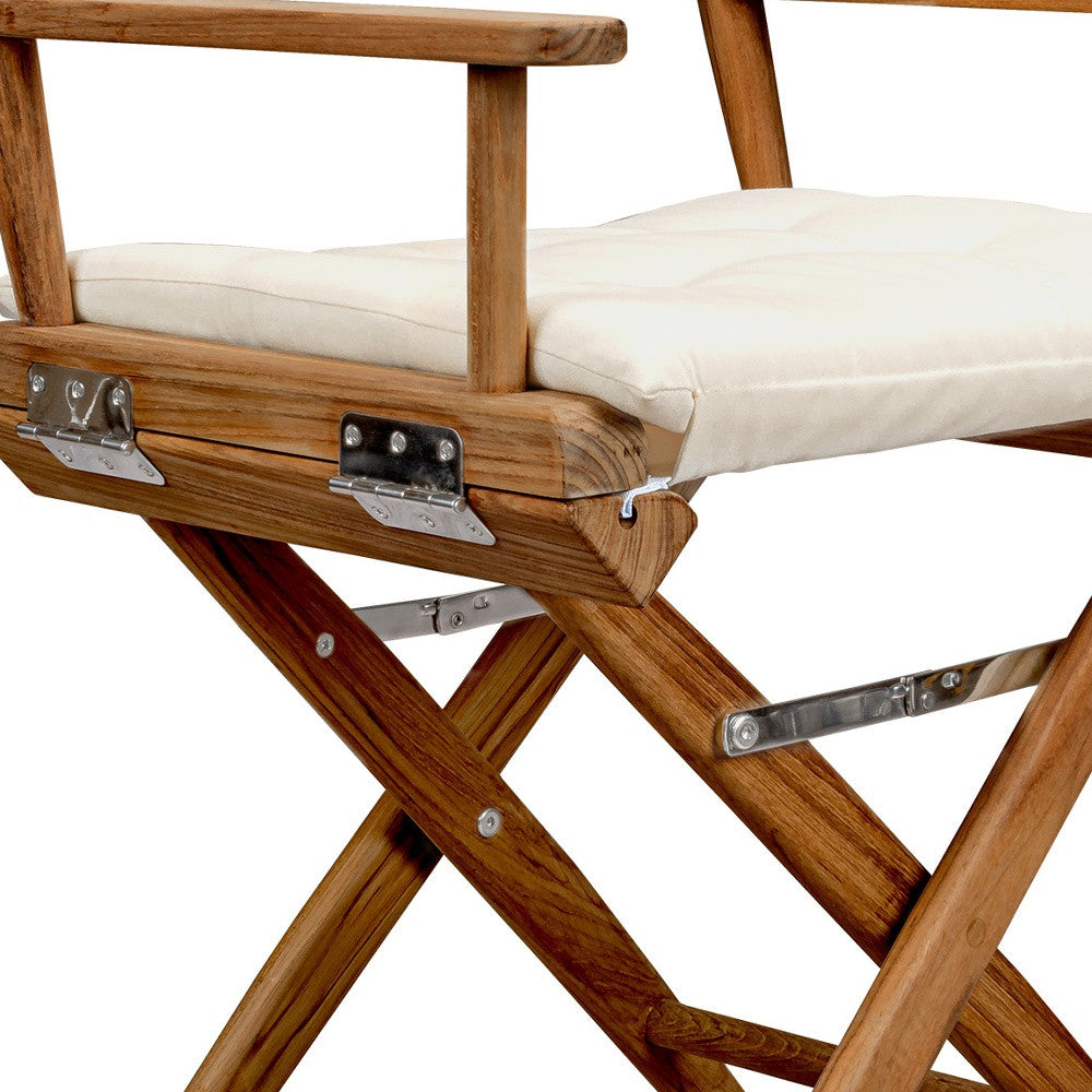 23" Natural Solid Wood Outdoor Folding Director Chair with Cream Cushion-3