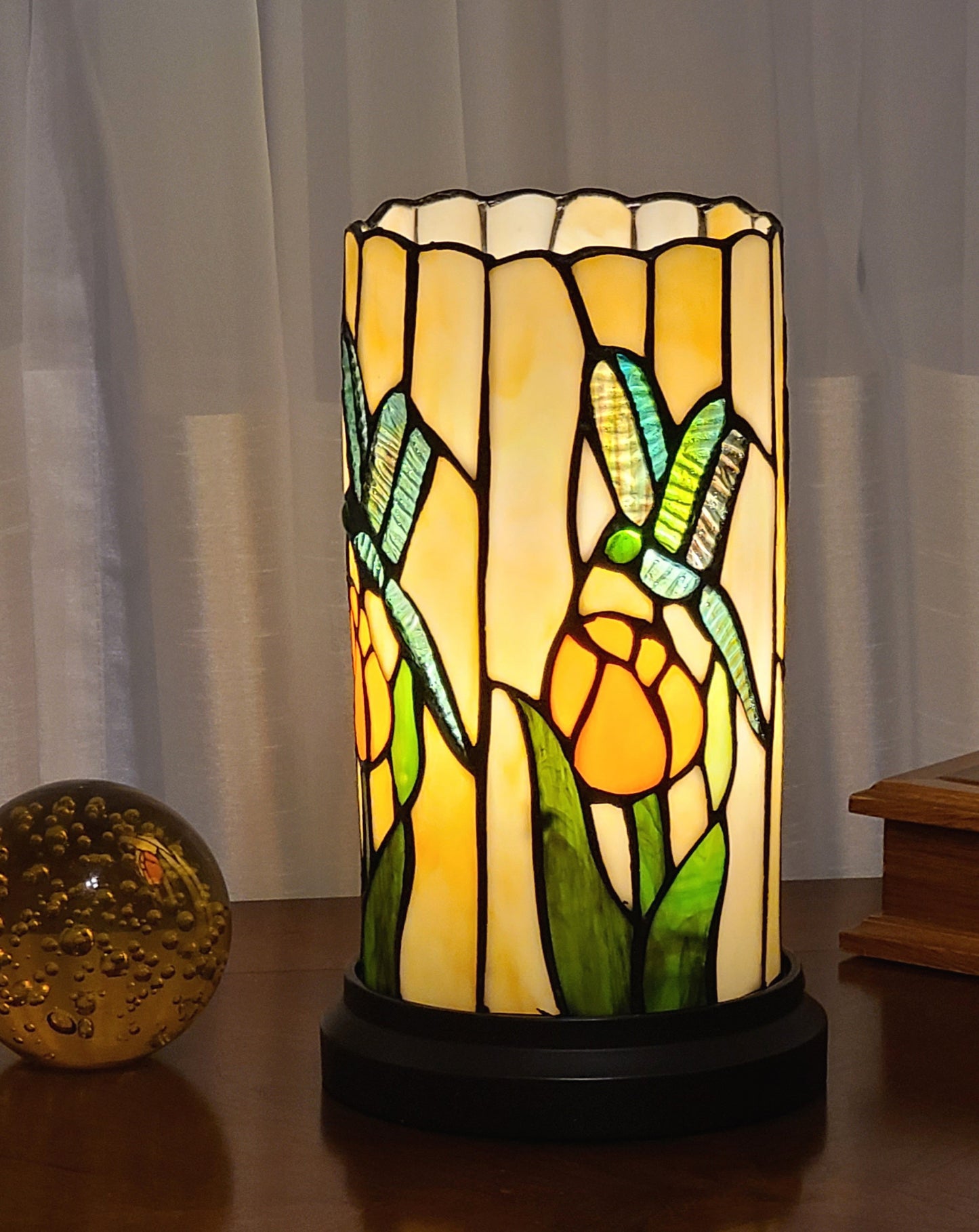 11" Beige and Green Dragonfly Stained Glass Accent Lamp-6