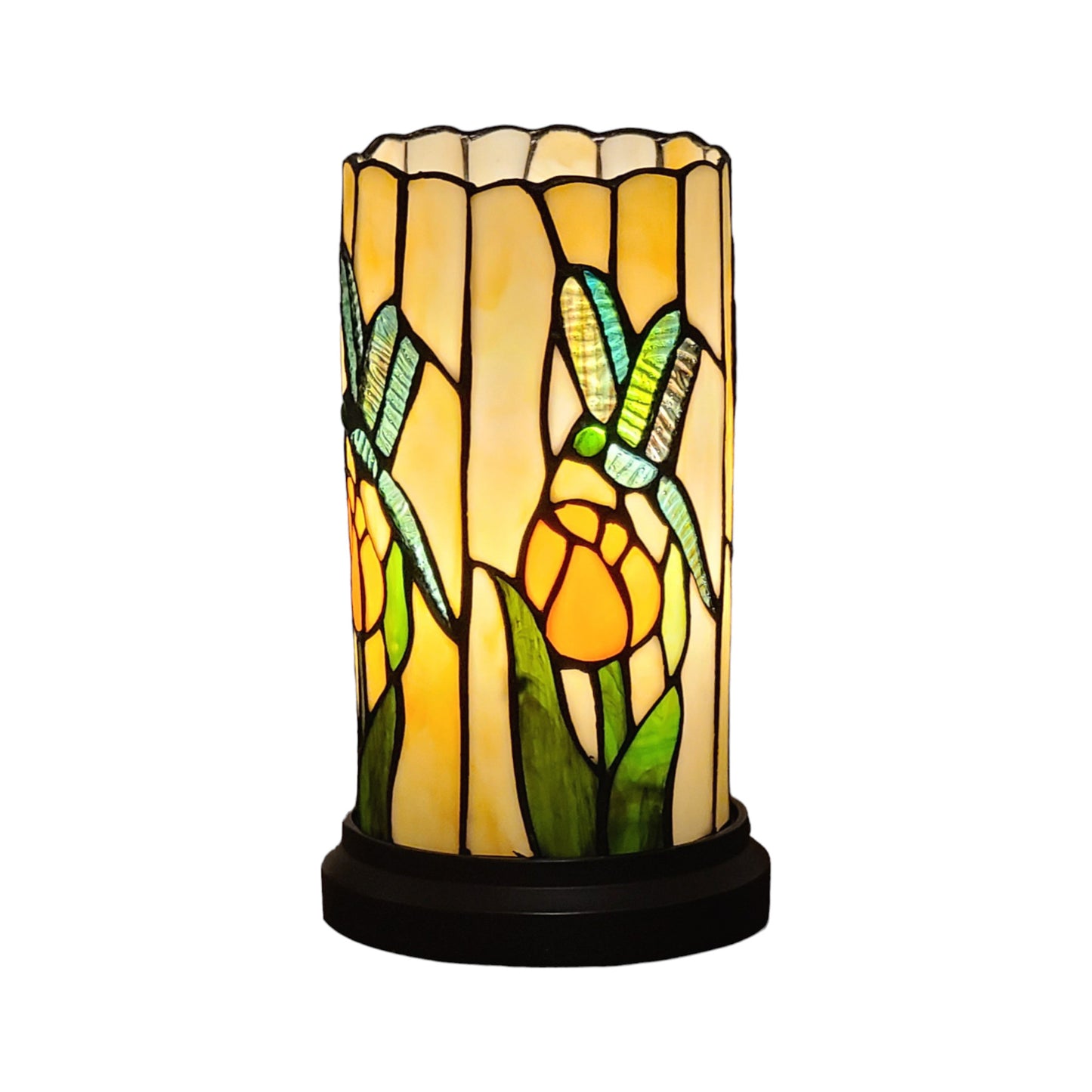11" Beige and Green Dragonfly Stained Glass Accent Lamp-1