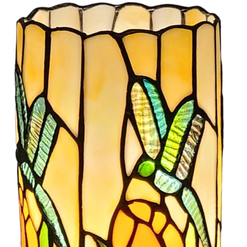 11" Beige and Green Dragonfly Stained Glass Accent Lamp-5