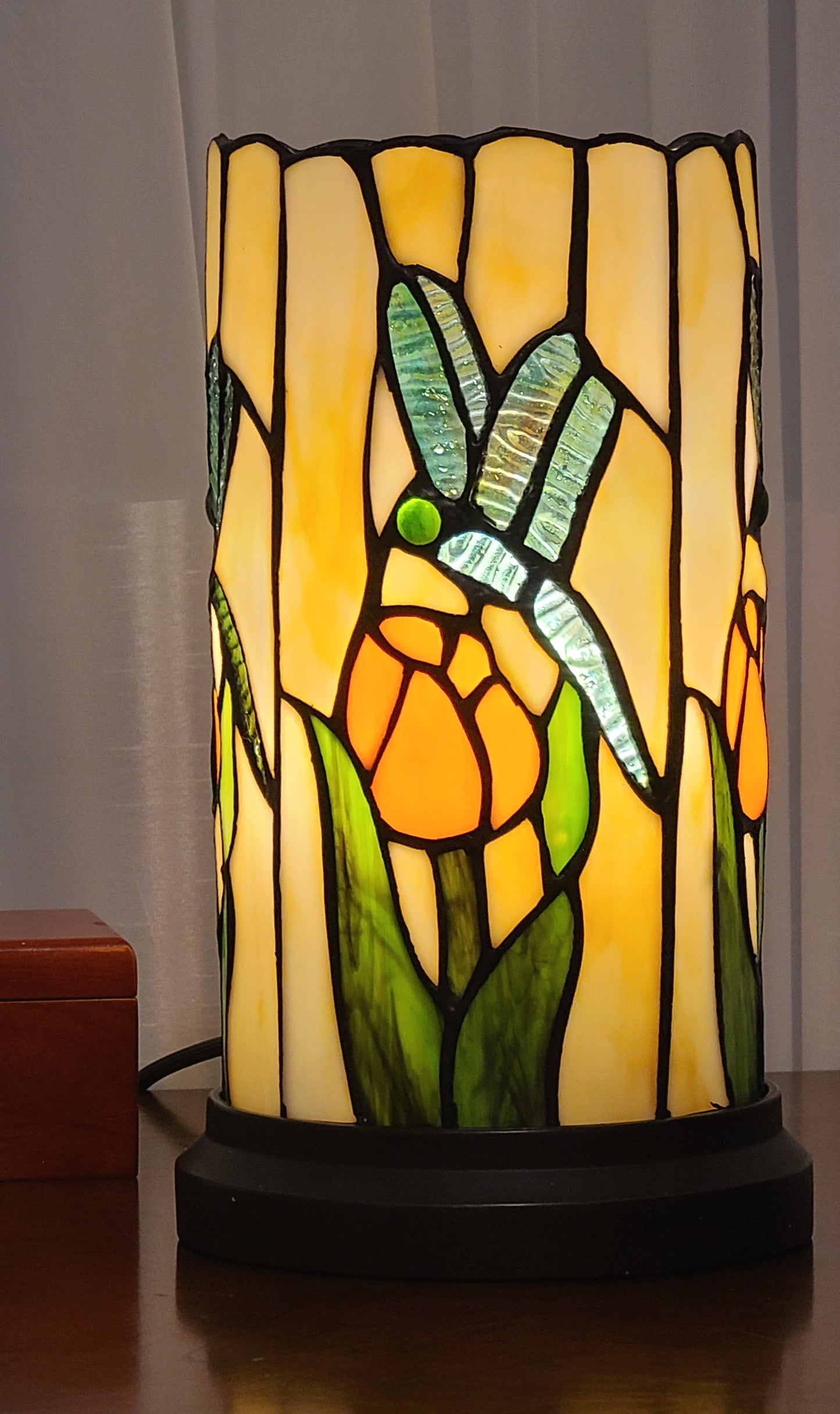11" Beige and Green Dragonfly Stained Glass Accent Lamp-7