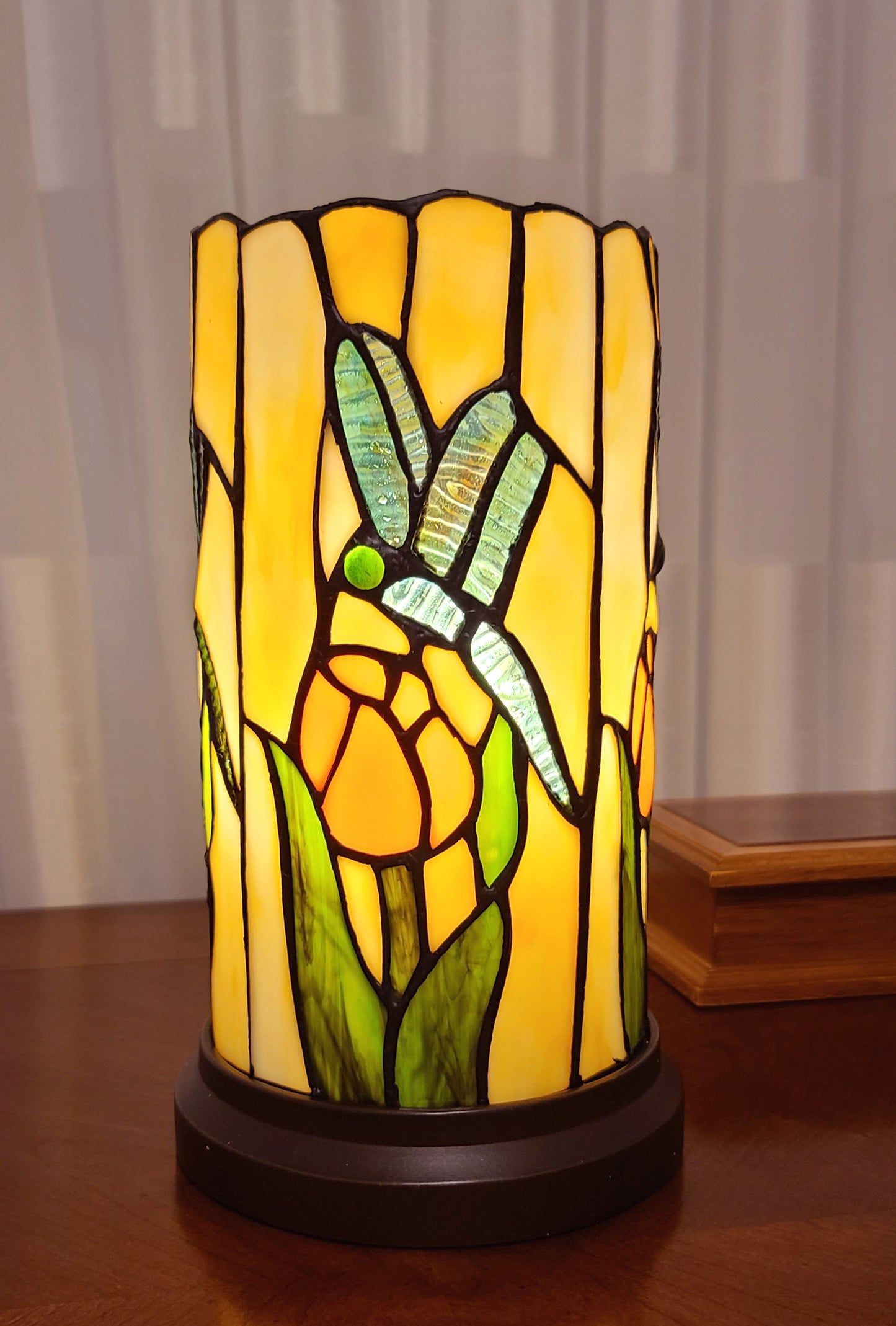 11" Beige and Green Dragonfly Stained Glass Accent Lamp-8