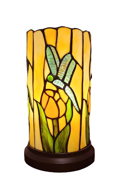 11" Beige and Green Dragonfly Stained Glass Accent Lamp-2