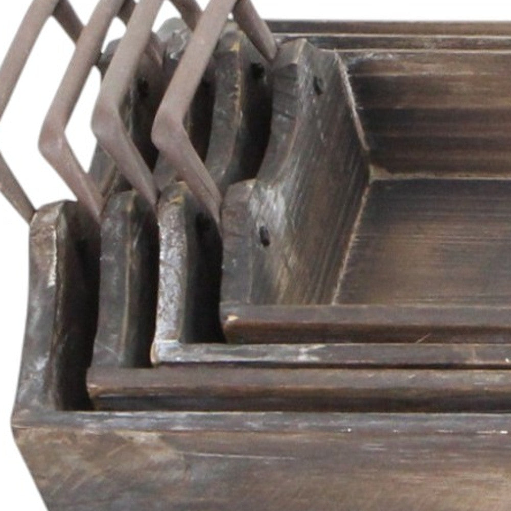 Set of Four Brown Wood Handmade Serving Tray With Handles-7