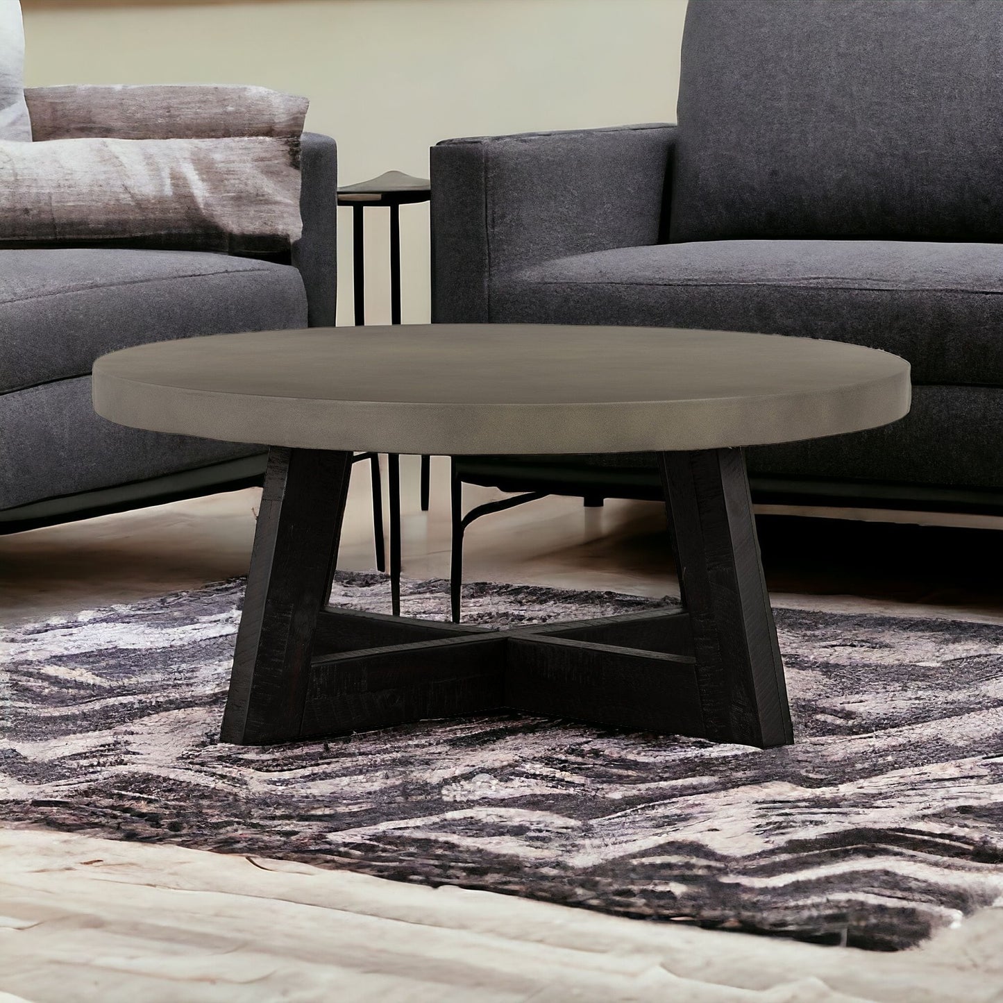 36" Gray And Black Concrete And Solid Wood Round Coffee Table-1