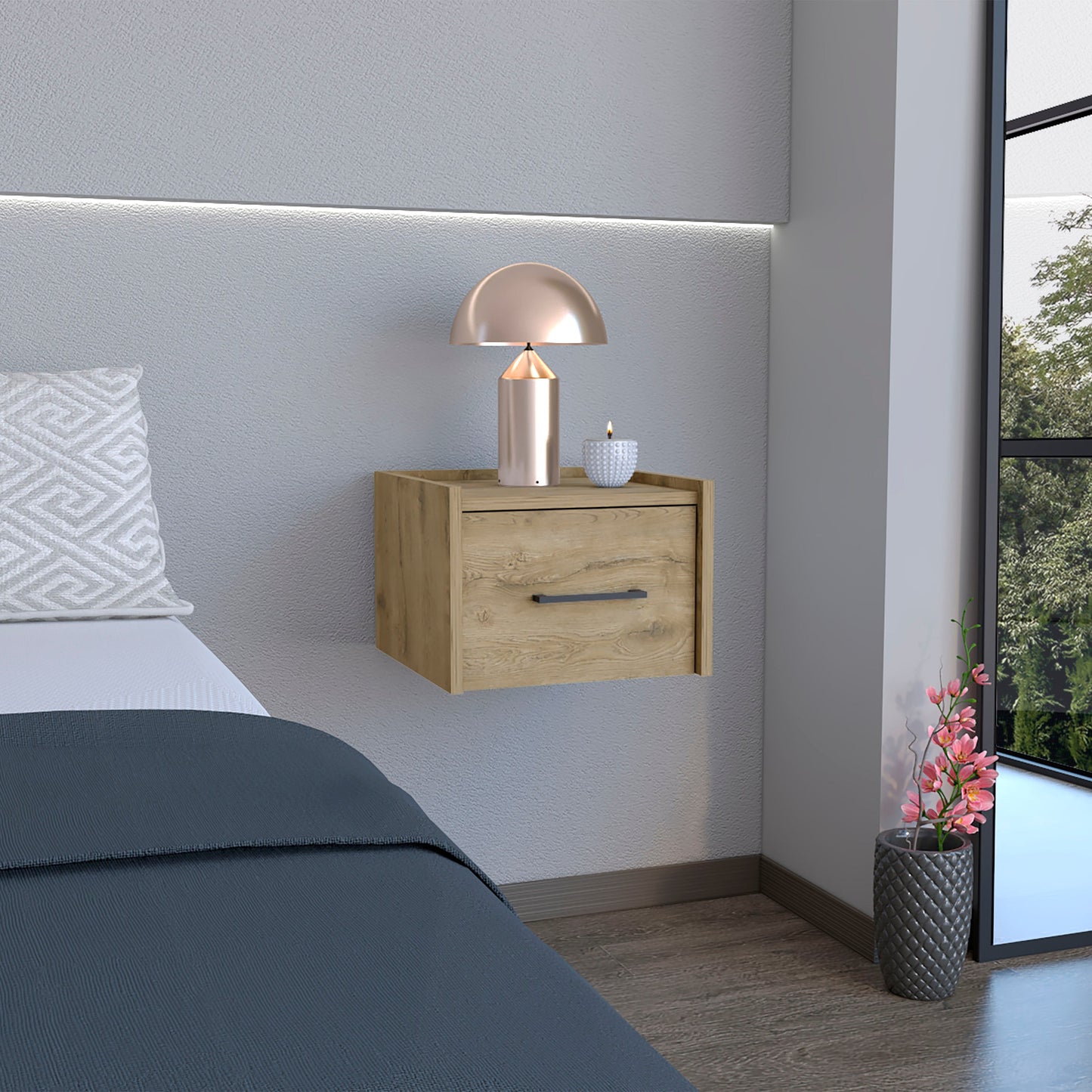 10" Beige One Drawer Faux Wood Nightstand-5