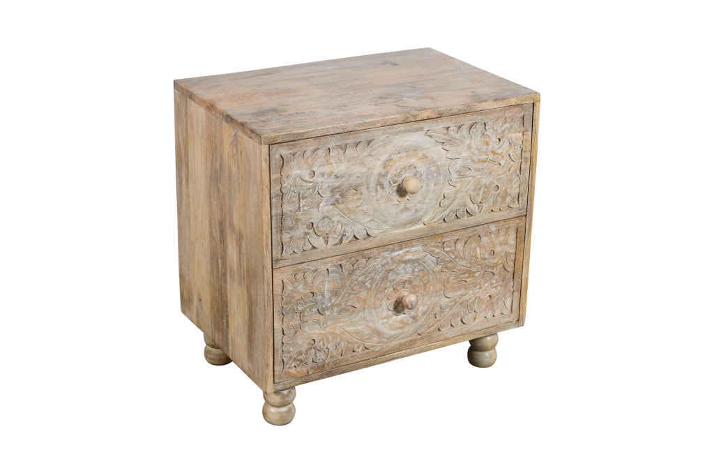 24" Natural Two Drawer Distressed Carved Floral Solid Wood Nightstand-2