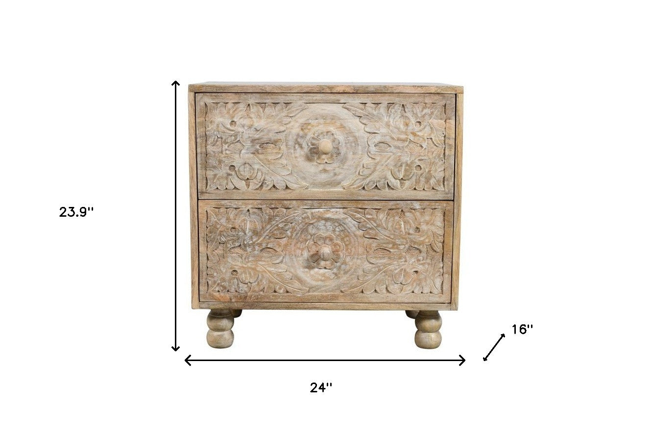 24" Natural Two Drawer Distressed Carved Floral Solid Wood Nightstand-6