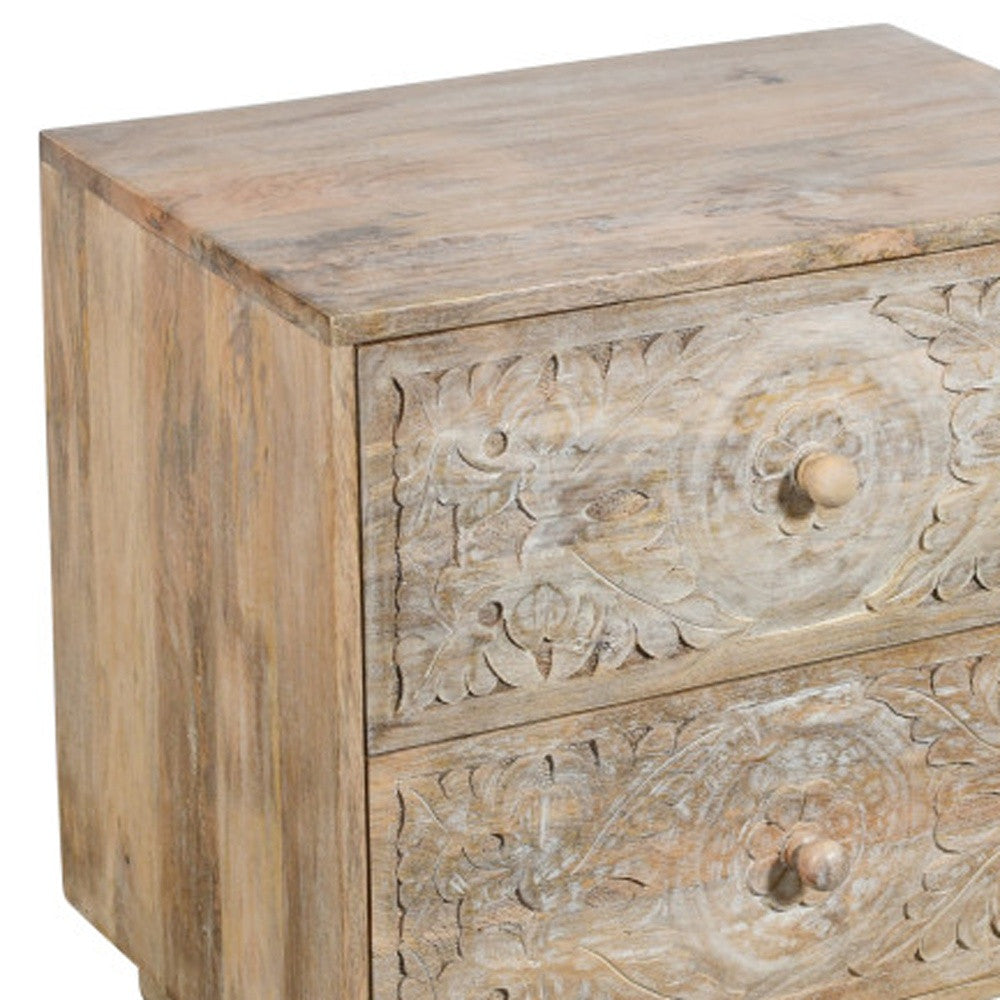 24" Natural Two Drawer Distressed Carved Floral Solid Wood Nightstand-5