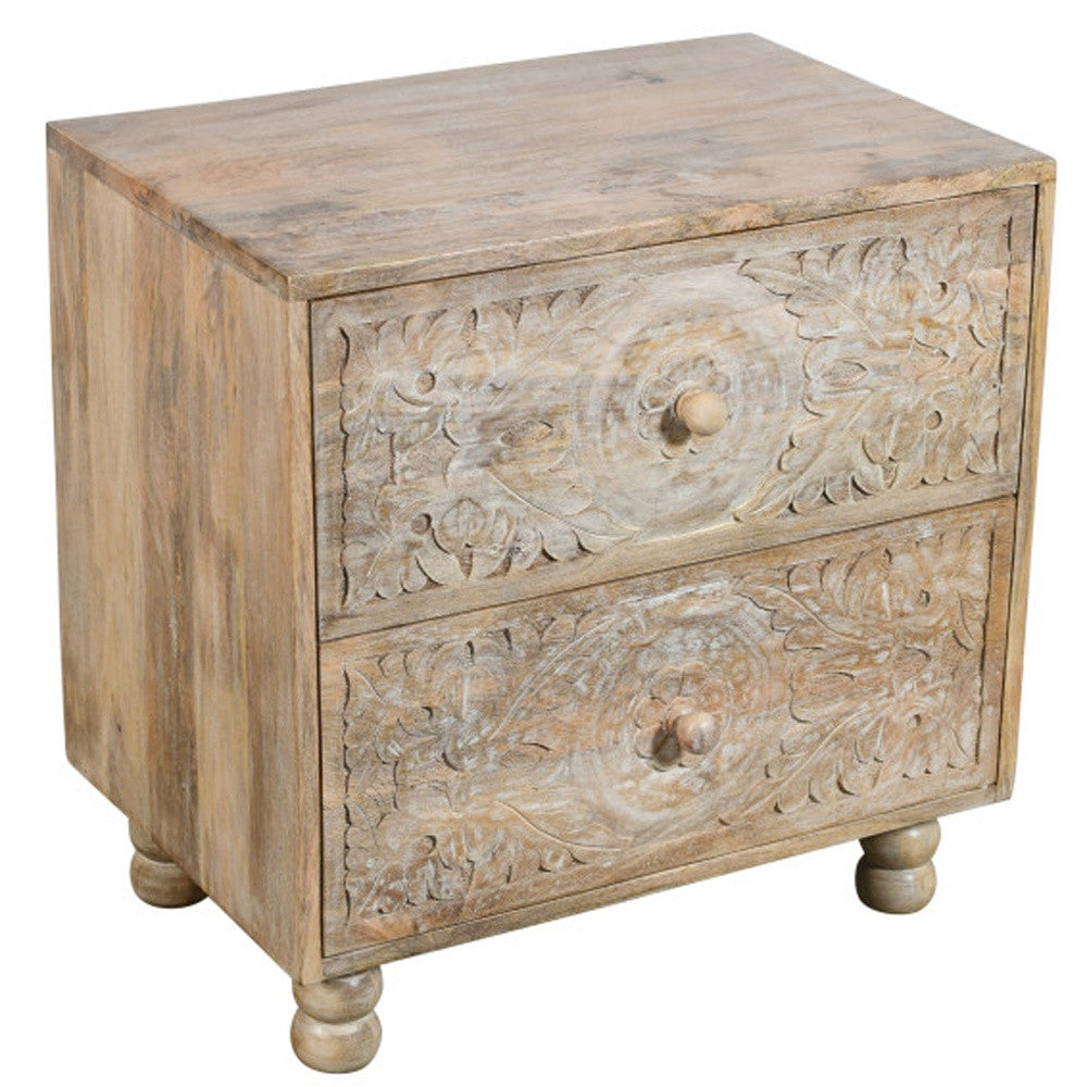 24" Natural Two Drawer Distressed Carved Floral Solid Wood Nightstand-4