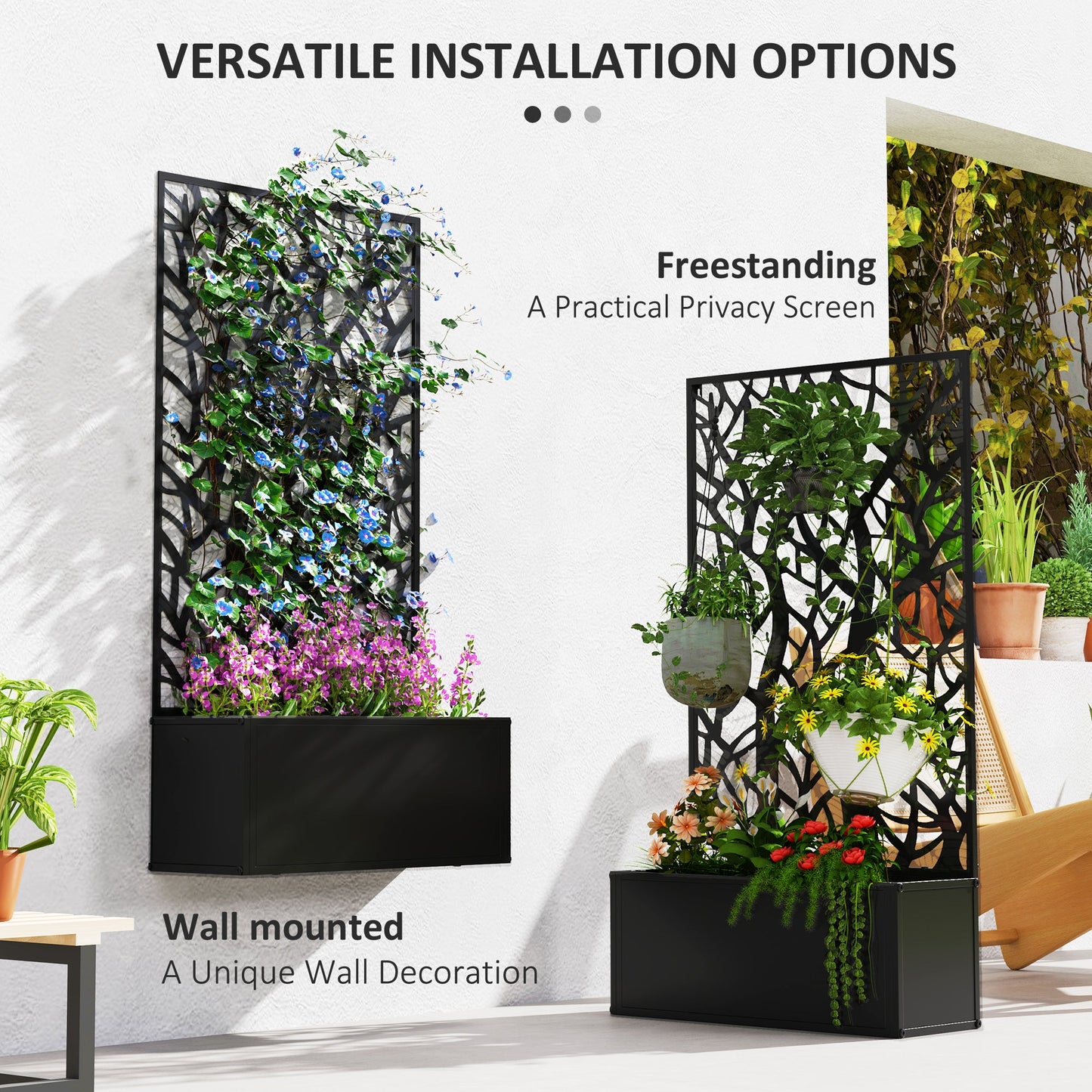 Outdoor Metal Planter, with Back Trellis - Black-4