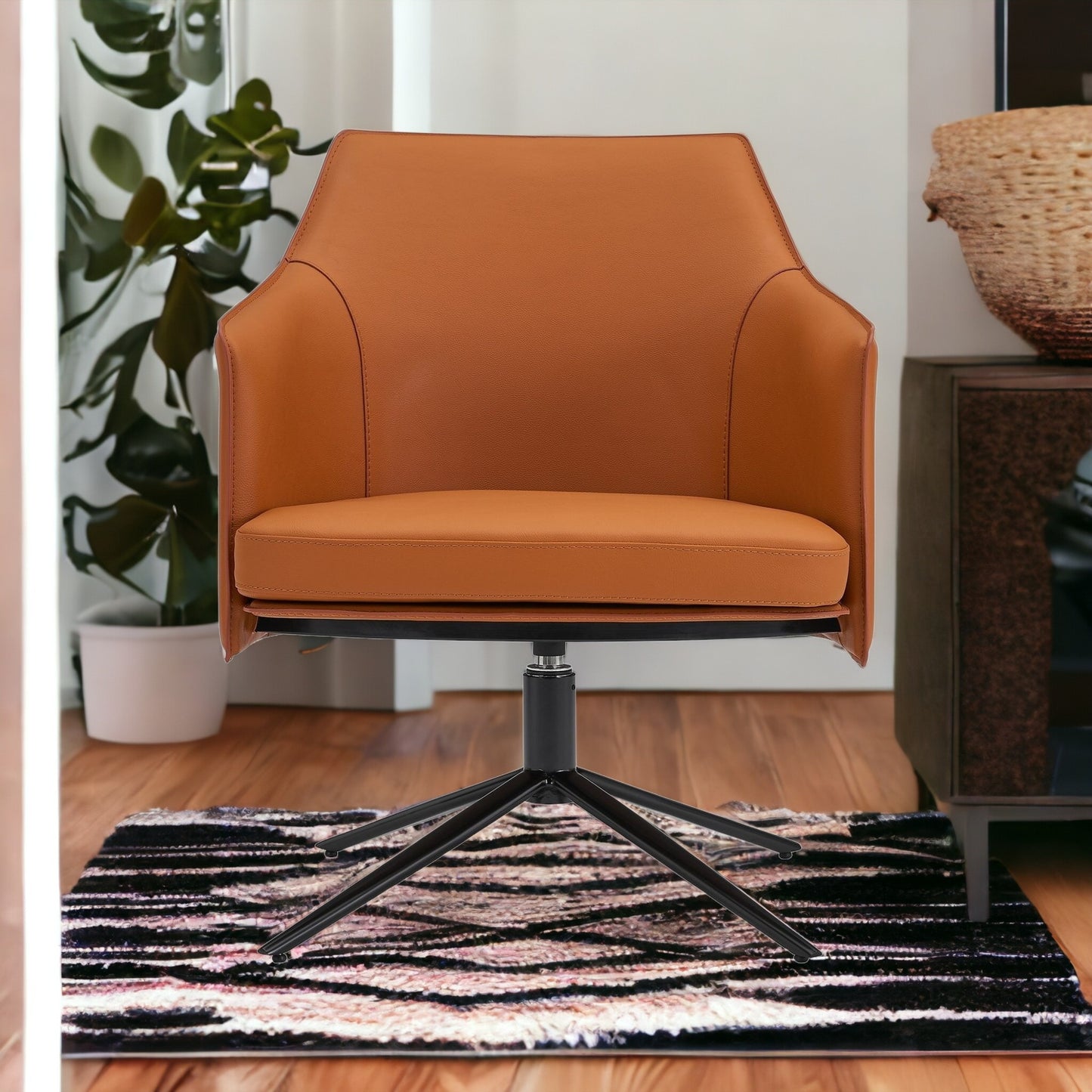 26" Terra Cotta and Black Faux Leather Swivel Lounge Chair-1