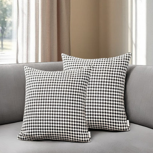 Set of Two 18" Black and White Houndstooth Fabric Throw Pillows-0