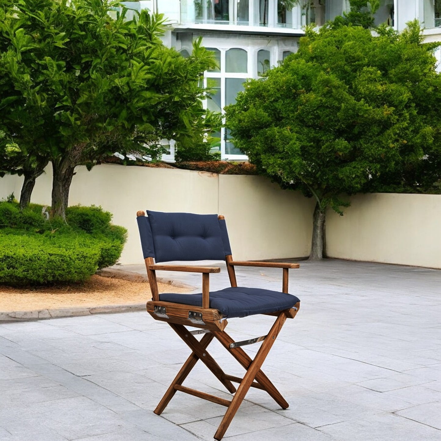23" Navy Blue and Brown Solid Wood Indoor Outdoor Director Chair with Navy Blue Cushion-1