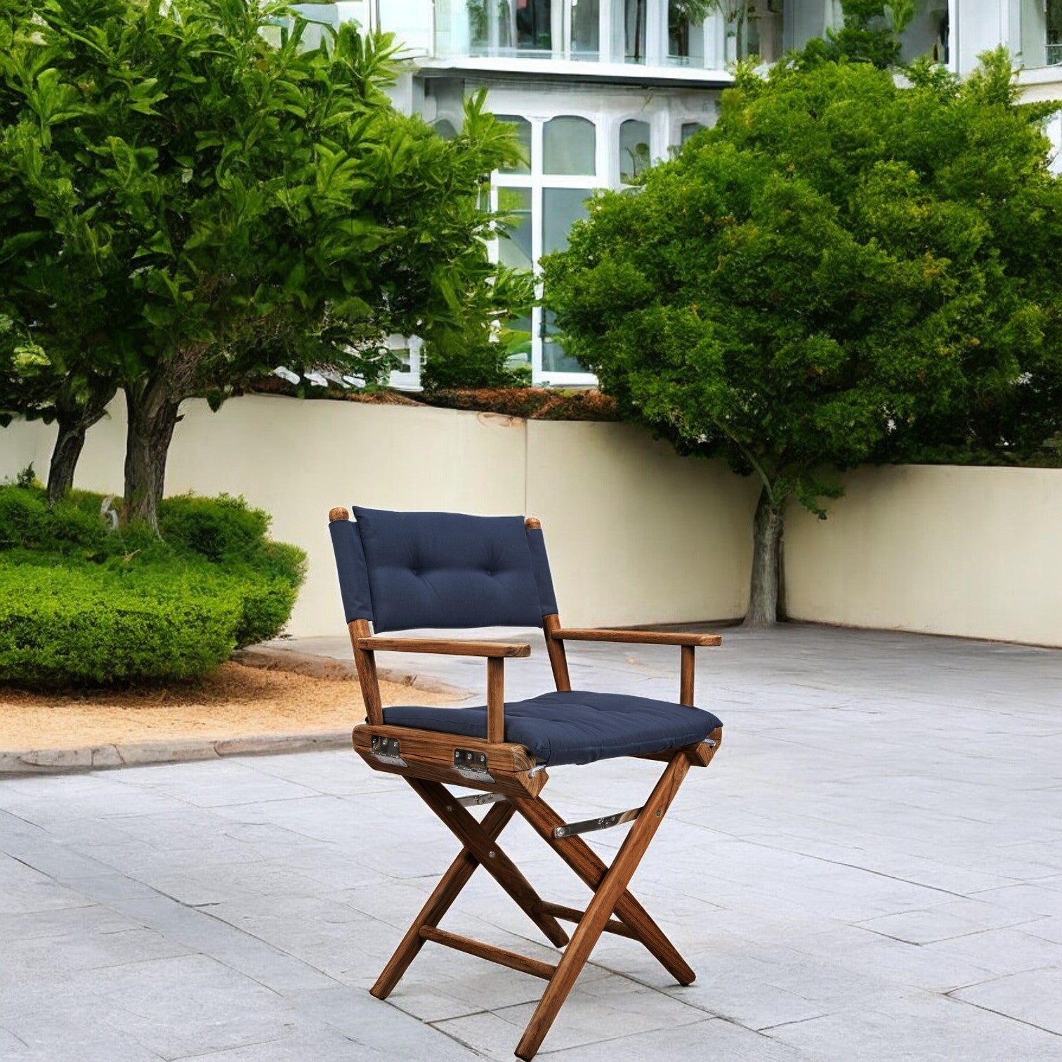 23" Navy Blue and Brown Solid Wood Indoor Outdoor Director Chair with Navy Blue Cushion-1