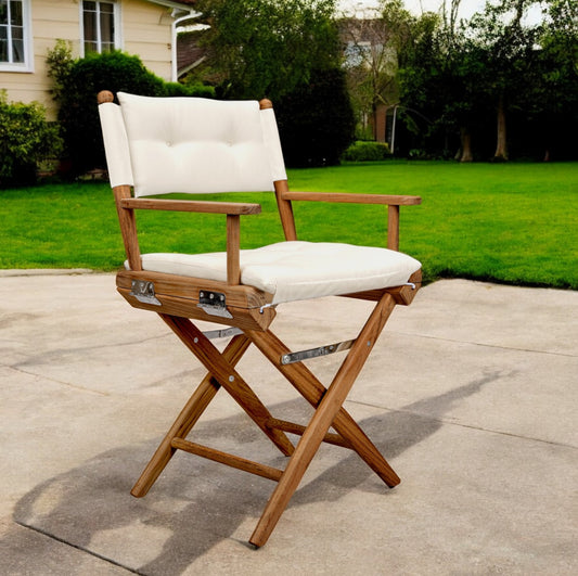 23" Natural Solid Wood Outdoor Folding Director Chair with Cream Cushion-0