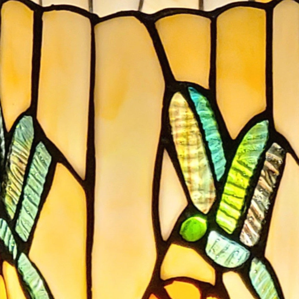 11" Beige and Green Dragonfly Stained Glass Accent Lamp-4