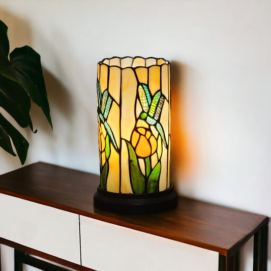 11" Beige and Green Dragonfly Stained Glass Accent Lamp-0