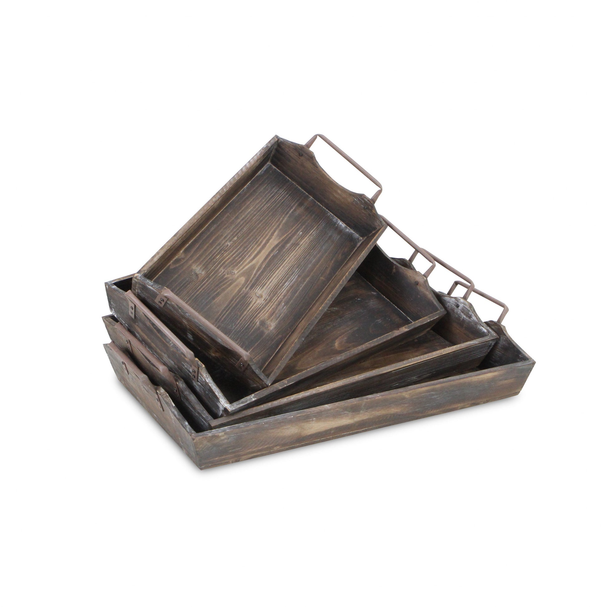 Set of Four Brown Wood Handmade Serving Tray With Handles-2