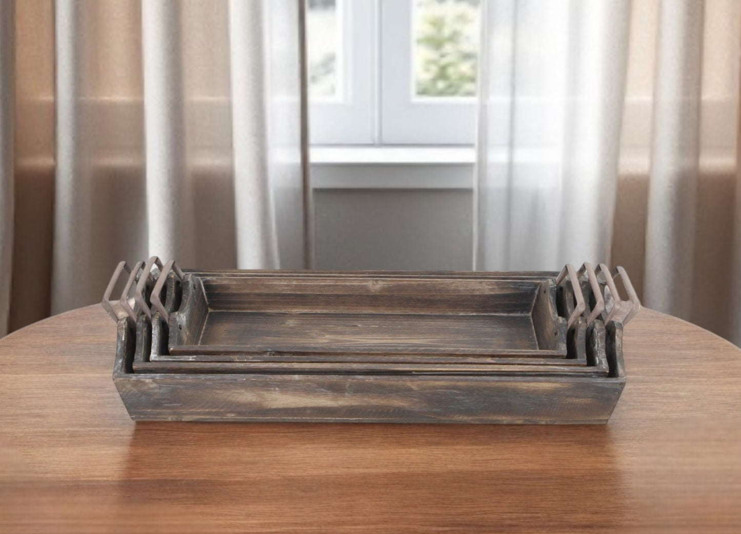 Set of Four Brown Wood Handmade Serving Tray With Handles-1