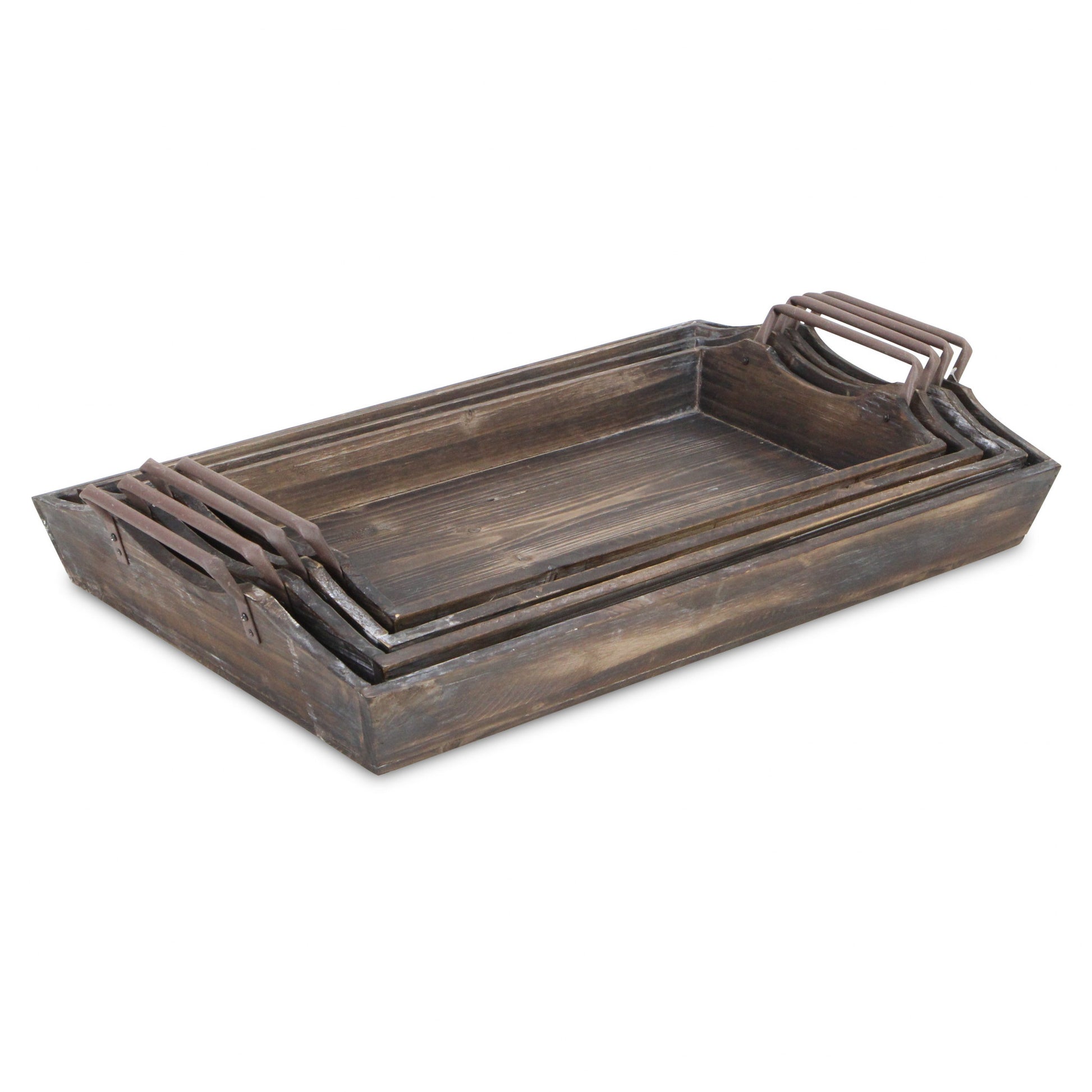 Set of Four Brown Wood Handmade Serving Tray With Handles-5