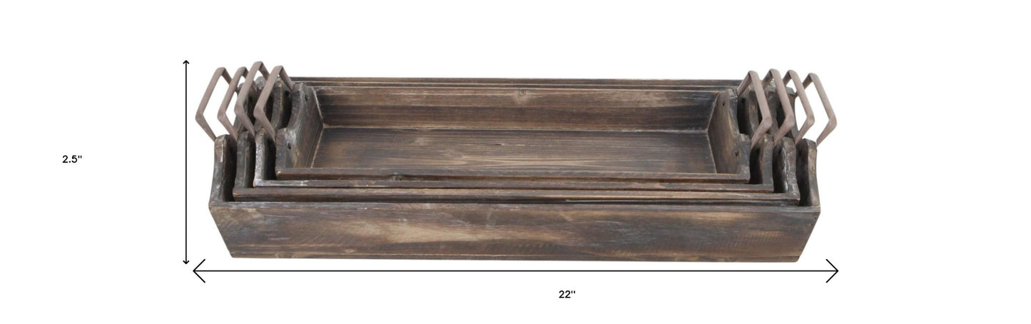 Set of Four Brown Wood Handmade Serving Tray With Handles-8