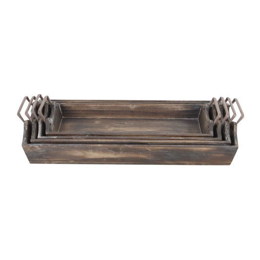 Set of Four Brown Wood Handmade Serving Tray With Handles-0