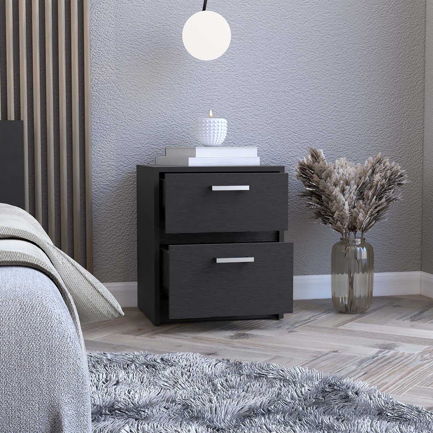 19" Black Wood Two Drawer Nightstand-6