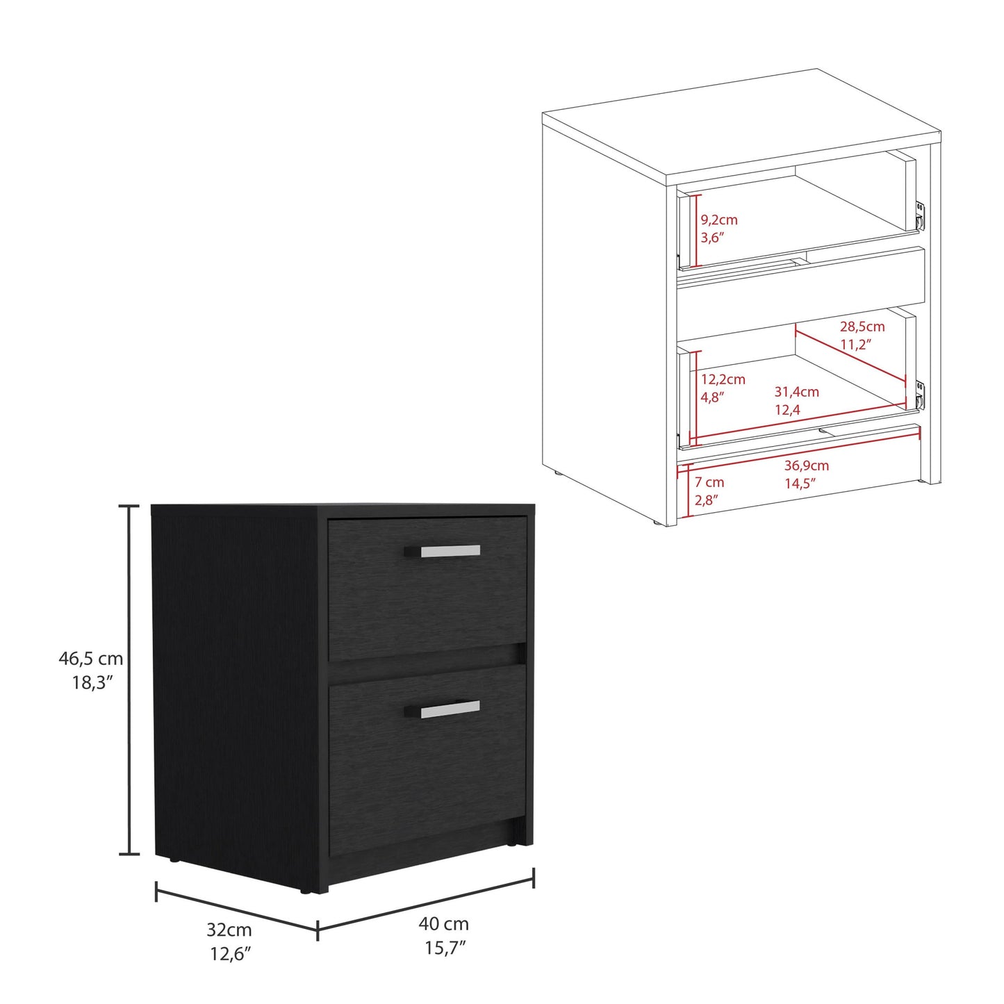 19" Black Wood Two Drawer Nightstand-7