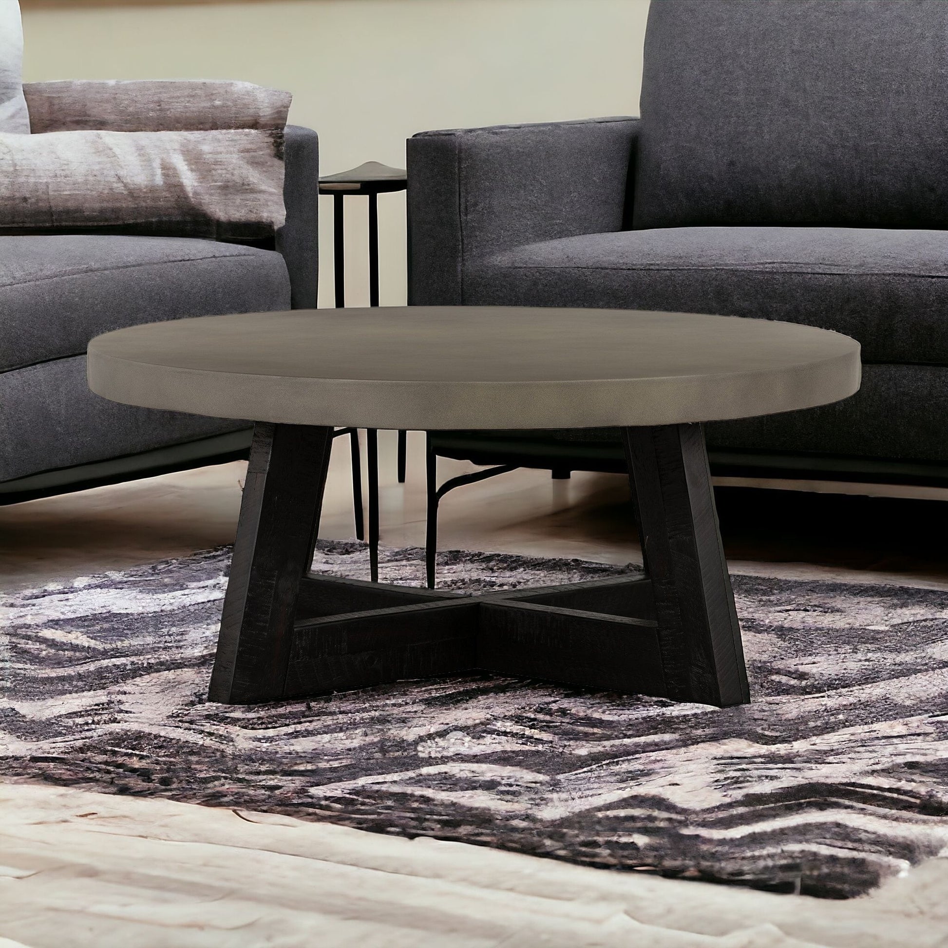 36" Gray And Black Concrete And Solid Wood Round Coffee Table-1
