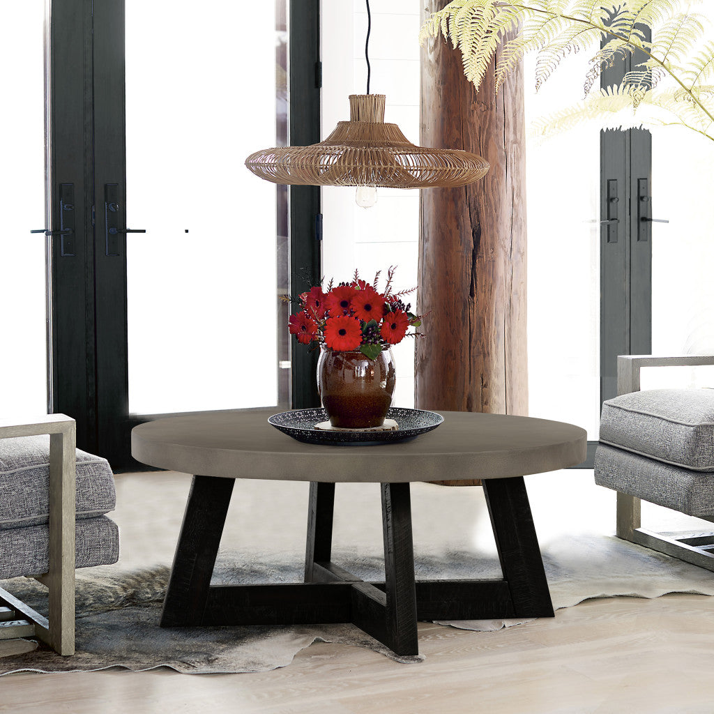 36" Gray And Black Concrete And Solid Wood Round Coffee Table-7