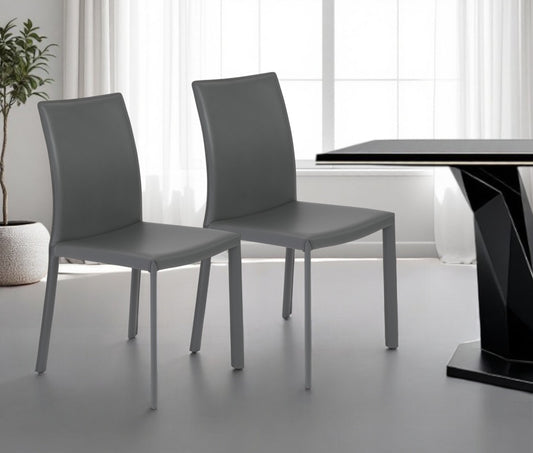 Set of Two Gray Upholstered Leather Dining Side Chairs-0