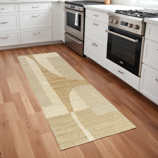 8' Natural And Ivory Jute Abstract Hand Woven Runner Rug-0