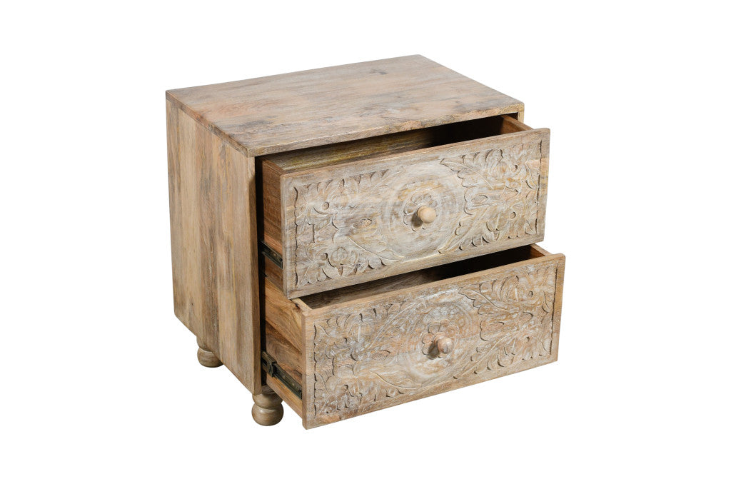 24" Natural Two Drawer Distressed Carved Floral Solid Wood Nightstand-3