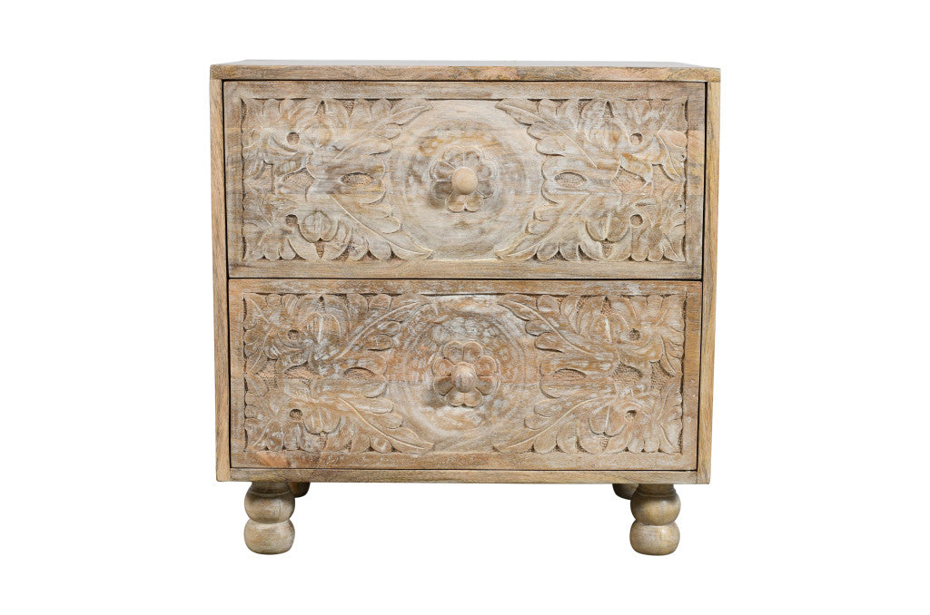 24" Natural Two Drawer Distressed Carved Floral Solid Wood Nightstand-1