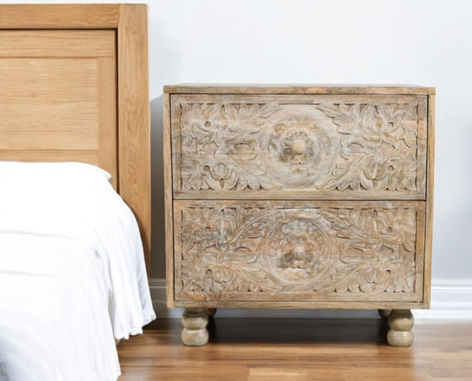 24" Natural Two Drawer Distressed Carved Floral Solid Wood Nightstand-0