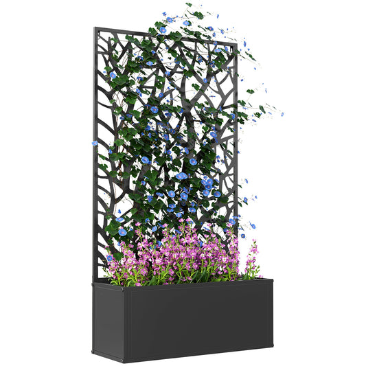 Outdoor Metal Planter, with Back Trellis - Black-0