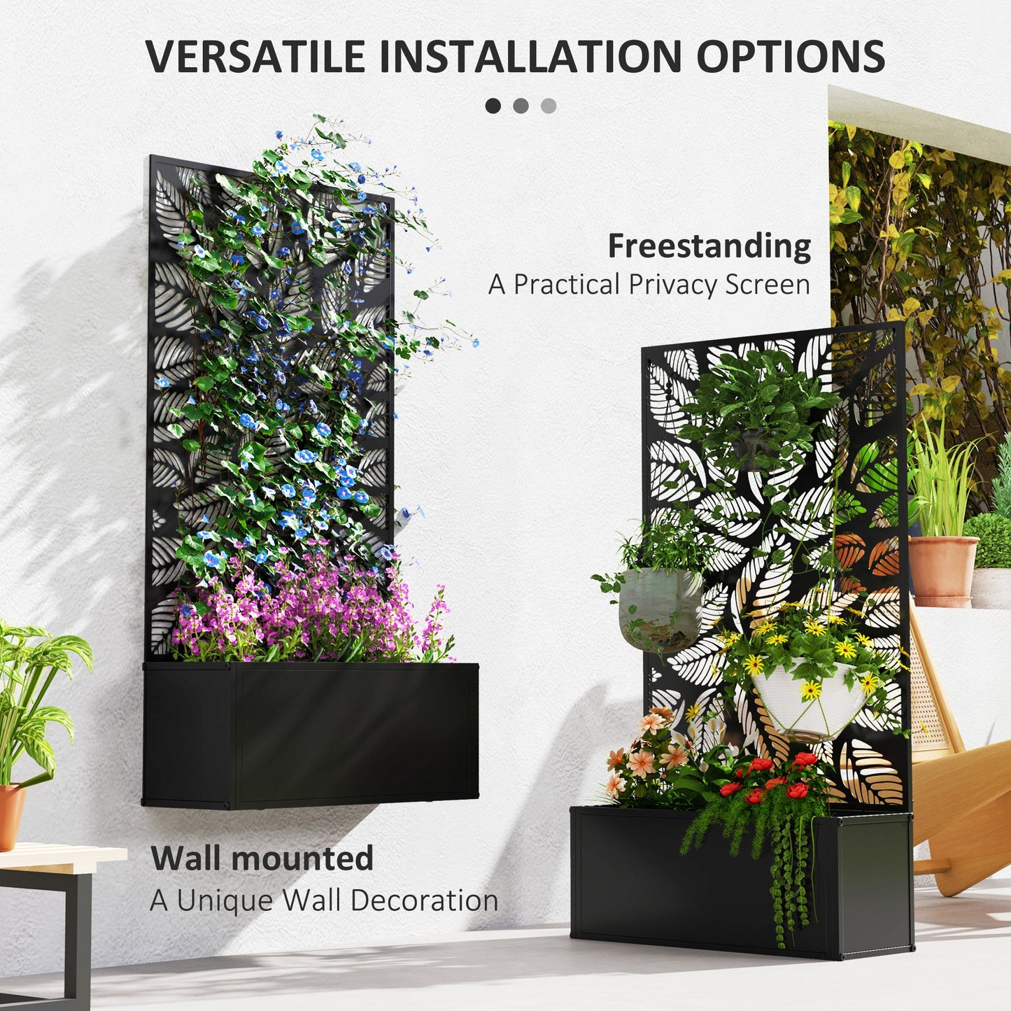 Outdoor Metal Planter, with Back Trellis - Black-4