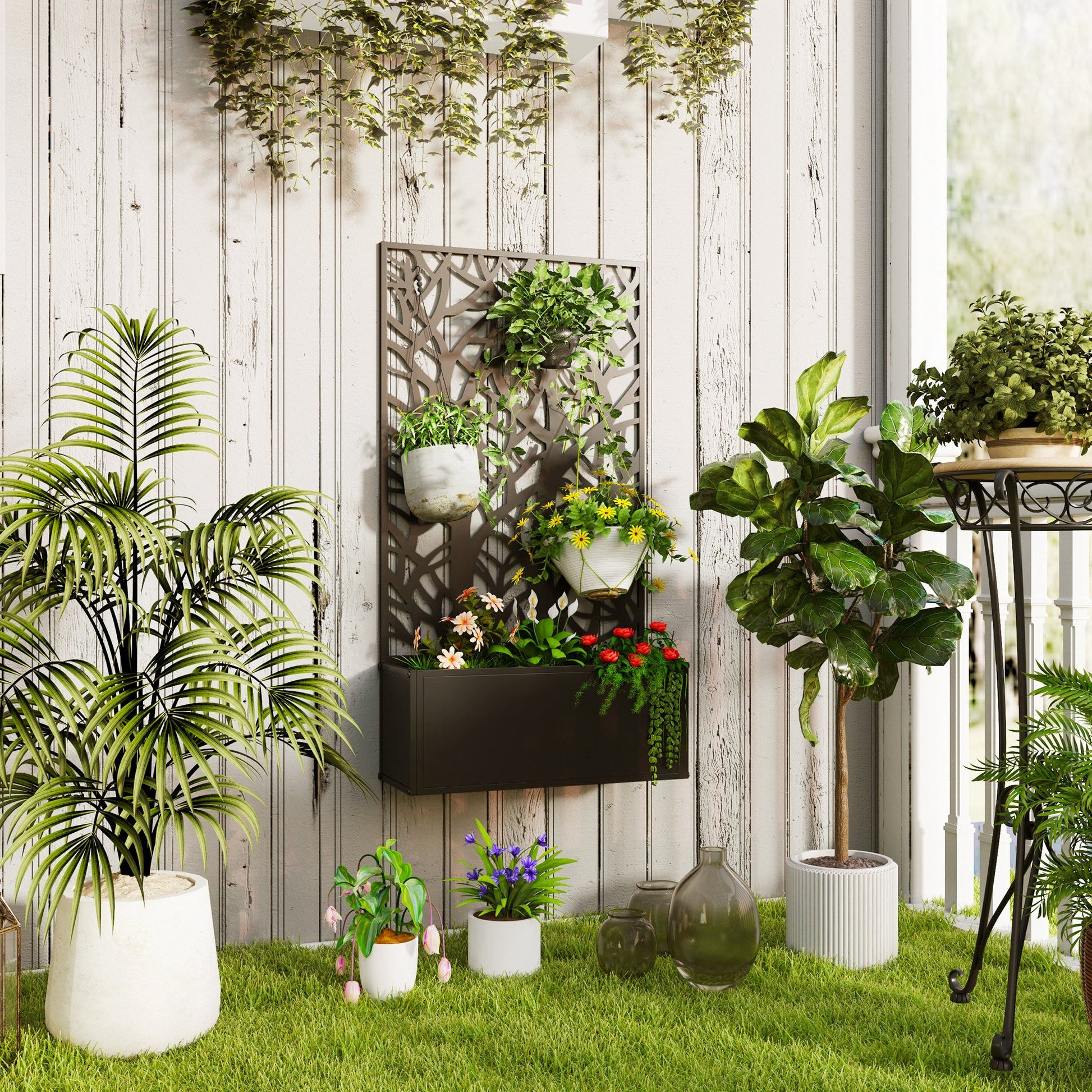 Outdoor Metal Planter, with Back Trellis - Black-1