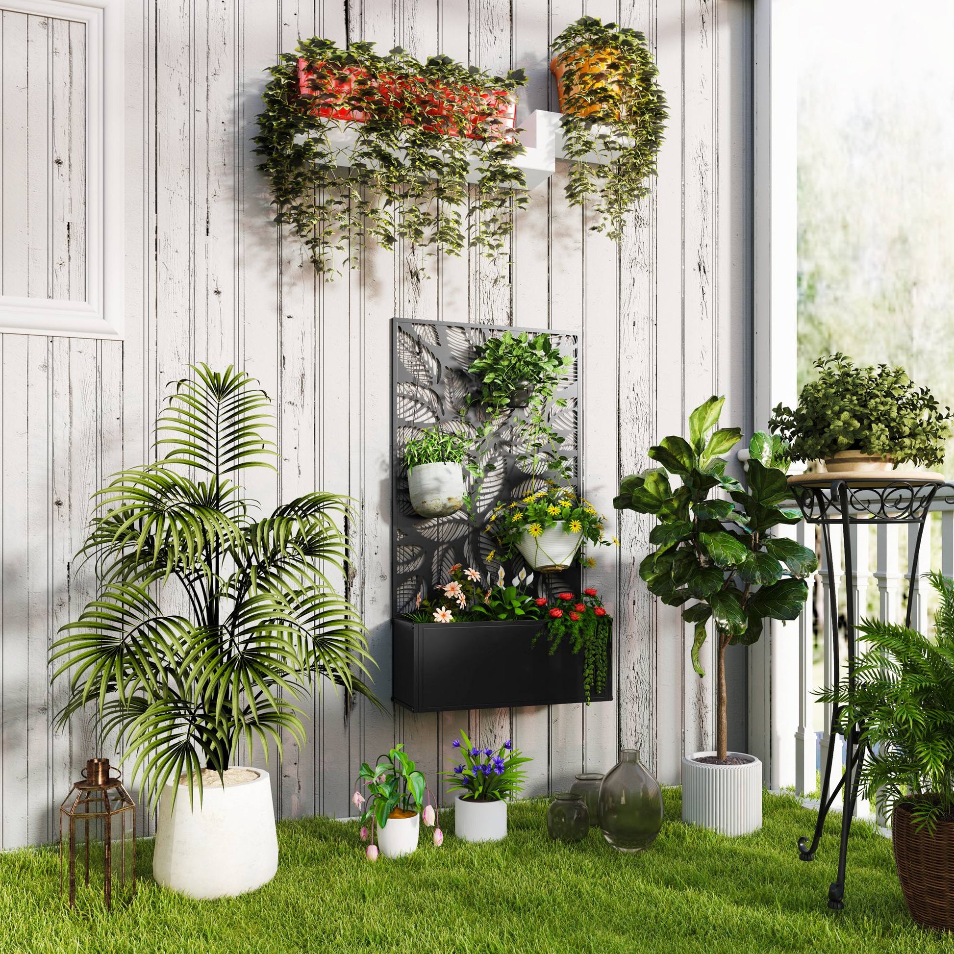 Outdoor Metal Planter, with Back Trellis - Black-1