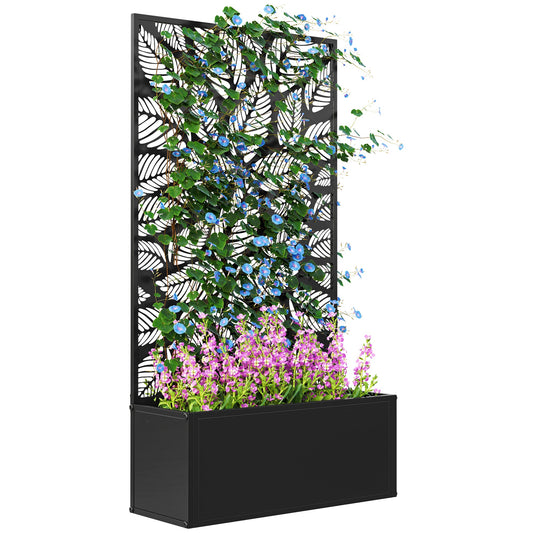 Outdoor Metal Planter, with Back Trellis - Black-0